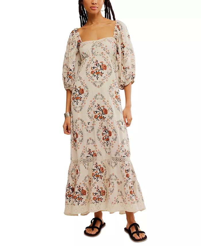 Free People Women's All The Attitude Printed Lace-Trim Balloon-Sleeve Cotton Maxi Dress - Macy's | Macy's