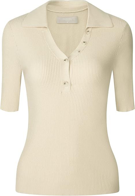 Women's Polo Sweater V Neck Short Sleeve Ribbed Knit Pullover Shirt Top | Amazon (US)