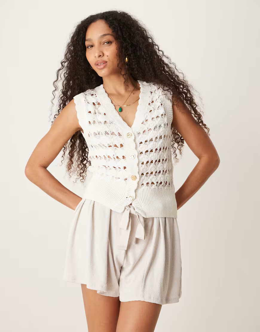 ASOS DESIGN crochet knit vest with scallop trim and gold buttons in white | ASOS (Global)