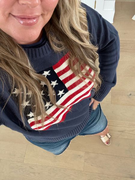 AMERICAN FLAG SWEATERS - Loving this navy blue American flag sweater! It has a loose fit and looks so cute with these denim shorts (love the 6” inseam for the taller gals) and these raffia sandals! I’ll also link a few other Americana sweater options! 
.
#ltkfindsunder50 #ltkseasonal #ltkover40 #ltkstyletip #ltkfindsunder100 #ltkmidsize #ltksalealert #ltkshoecrush

#LTKHome #LTKSaleAlert #LTKSeasonal