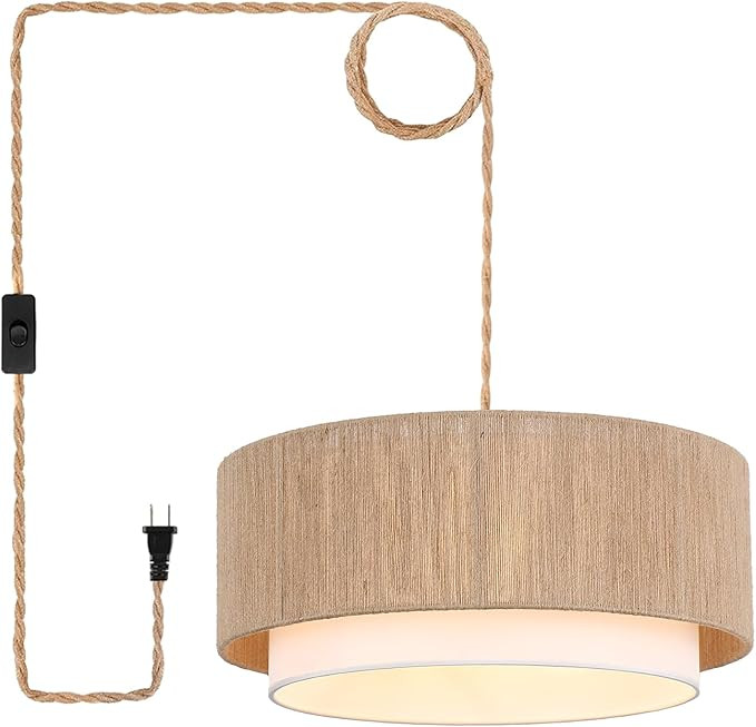 Plug in Pendant Light, 18” Rattan Plug in Chandelier with 15.7FT Light Cord, Hanging Light with... | Amazon (US)