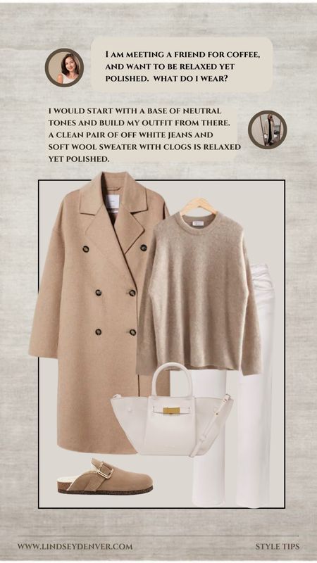 What to wear to a coffee date with a  friend.

Start with neutral base such as beige, white, black or navy
Add texture, such as a suede or corduroy jacket
Accessorize with a scarf or statement jewelry
Incorporate a pop of color with a handbag or shoes
Choose comfortable and casual footwear, such as sneakers or loafers
Experiment with layering, such as a sweater or denim shirt
Finish the look with natural makeup and minimal accessories
Consider adding a hat or sunglasses for a stylish touch
Play with proportions, such as tucking in a blouse or rolling up sleeves
Have fun and be confident!




"Helping You Feel Chic, Comfortable and Confident." -Lindsey Denver 🏔️ 

Minimalist fashion, simple clothing, mid-sized, minimal style, elegant, timeless, sophisticated," comfortable, stylish


#LTKstyletip #LTKunder100 #LTKFind
