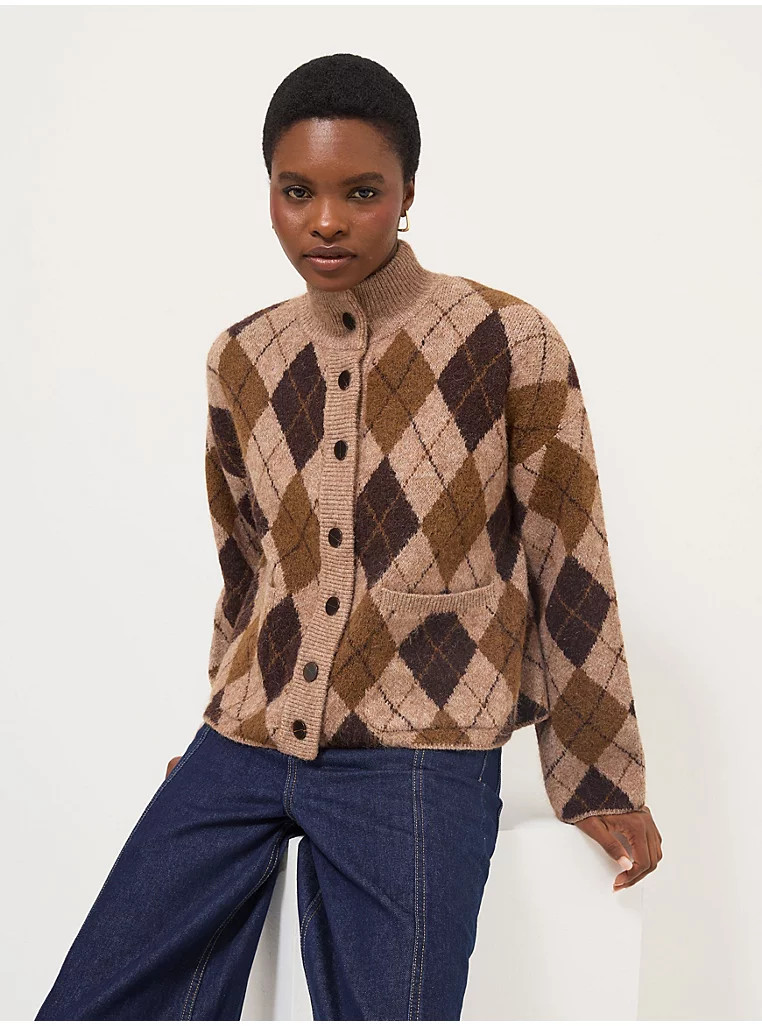 Brown High Neck Argyle Pocket Front Cardigan | George