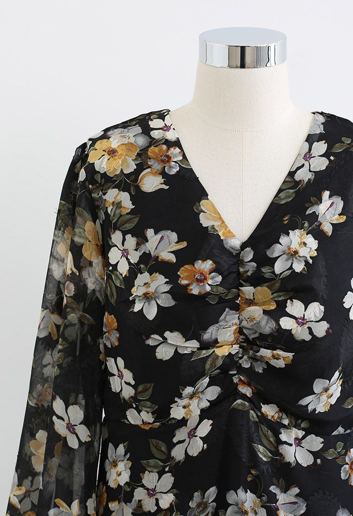 Nudiflorum Print Tiered Ruffle Hem Mini Dress in Black | Chicwish