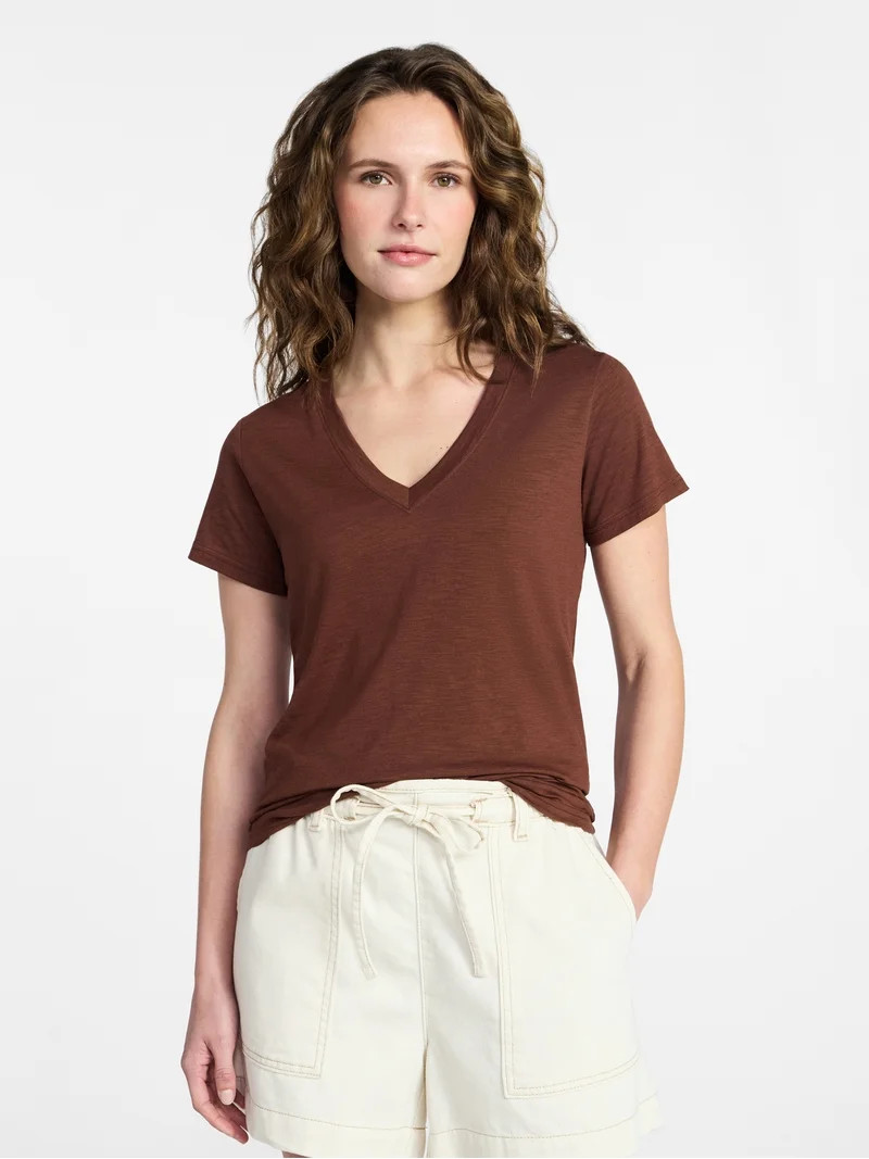 Time and Tru Women's Slub V Neck Tee with Short Sleeves, Sizes XS-XXXL | Walmart (US)