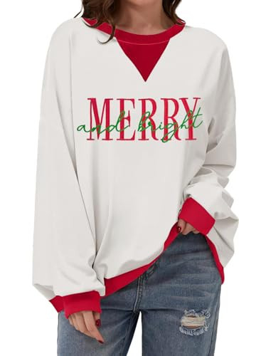 Embroidered Merry and Bright Sweatshirt Woman Oversized Christmas Sweater Casual Long Sleeve Colorblock Pullover Tops | Amazon (US)