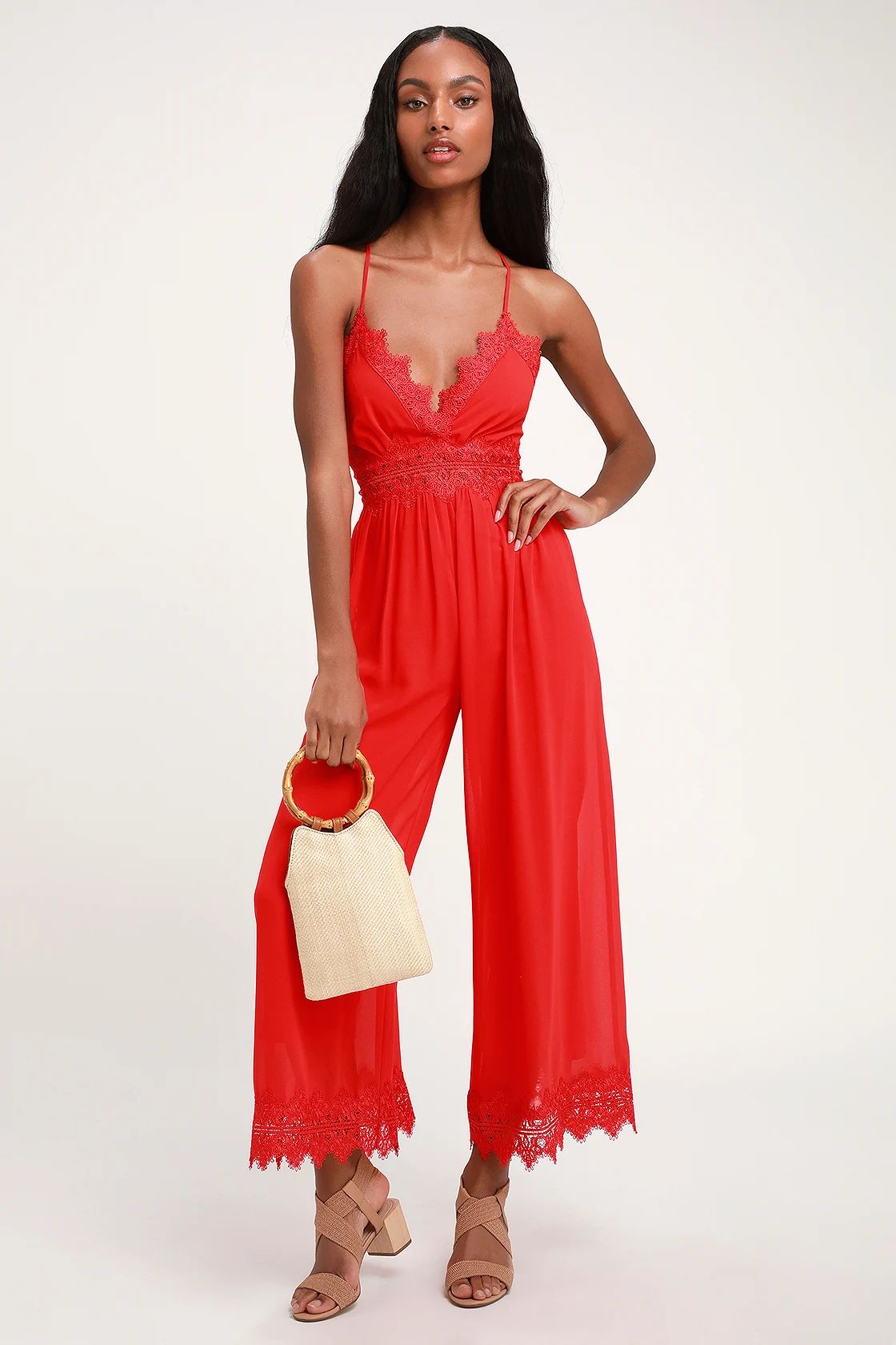 Sunny Day Dream Red Lace Culotte Jumpsuit | Lulus