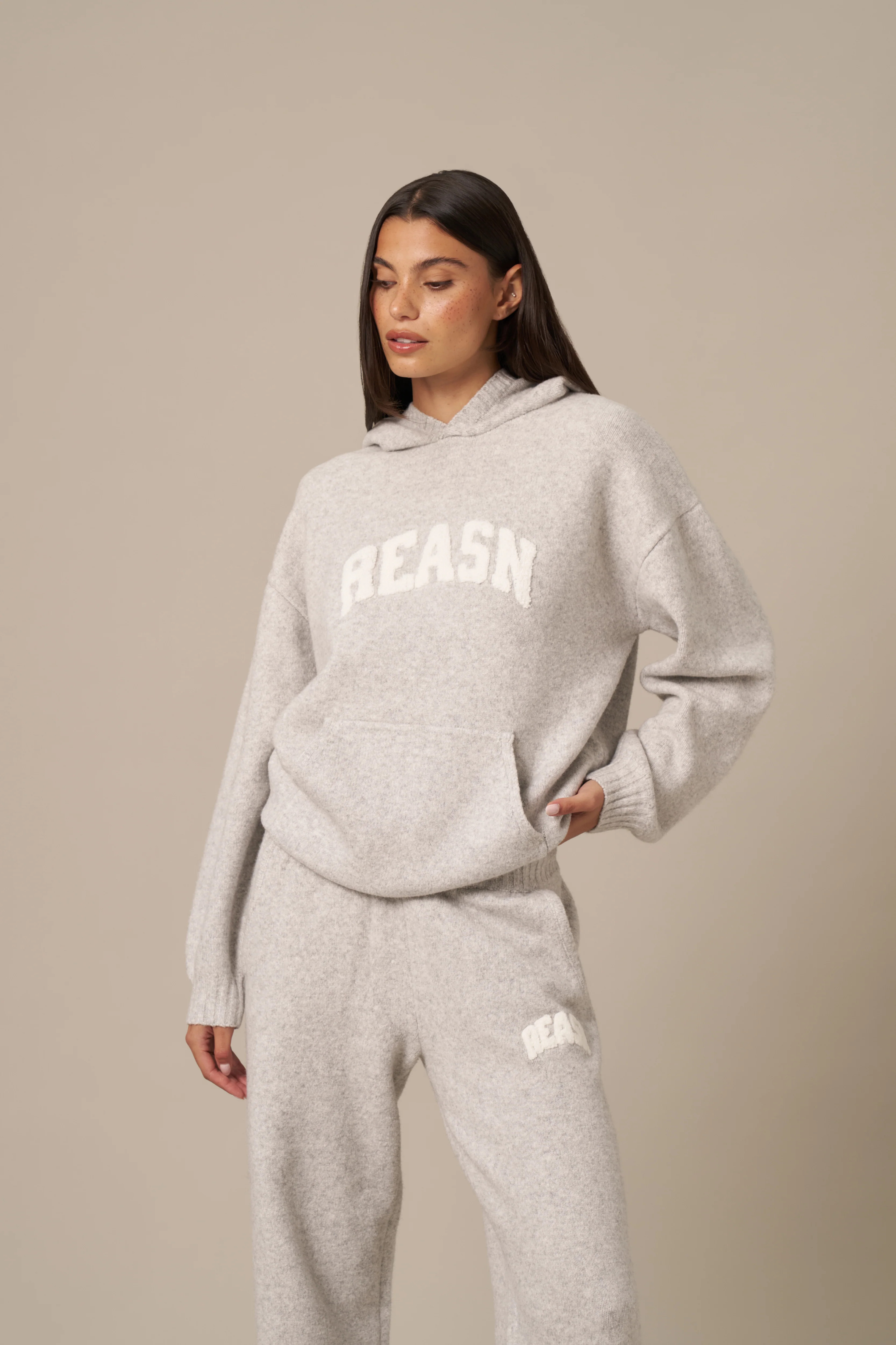 Oversized Boucle Branded Knitted Hoodie - Grey Marl | Reasn