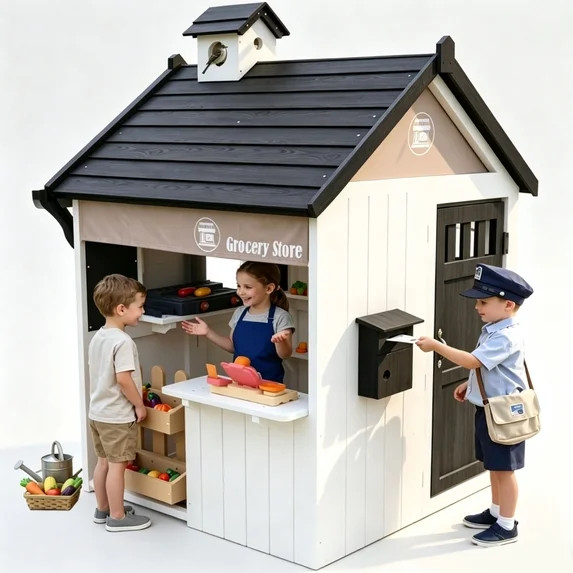 COCLUB Wooden Outdoor Playhouse for Kids, 2-In-1 Grocery Store and Backyard BBQ Grill, W/ Cash Re... | Walmart (US)