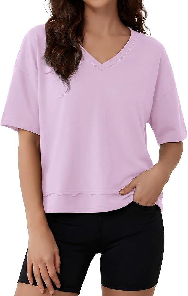 Womens Cotton V Neck Cropped T Shirts Short Sleeve Boxy Loose Fit Summer Workout Tops | Amazon (US)