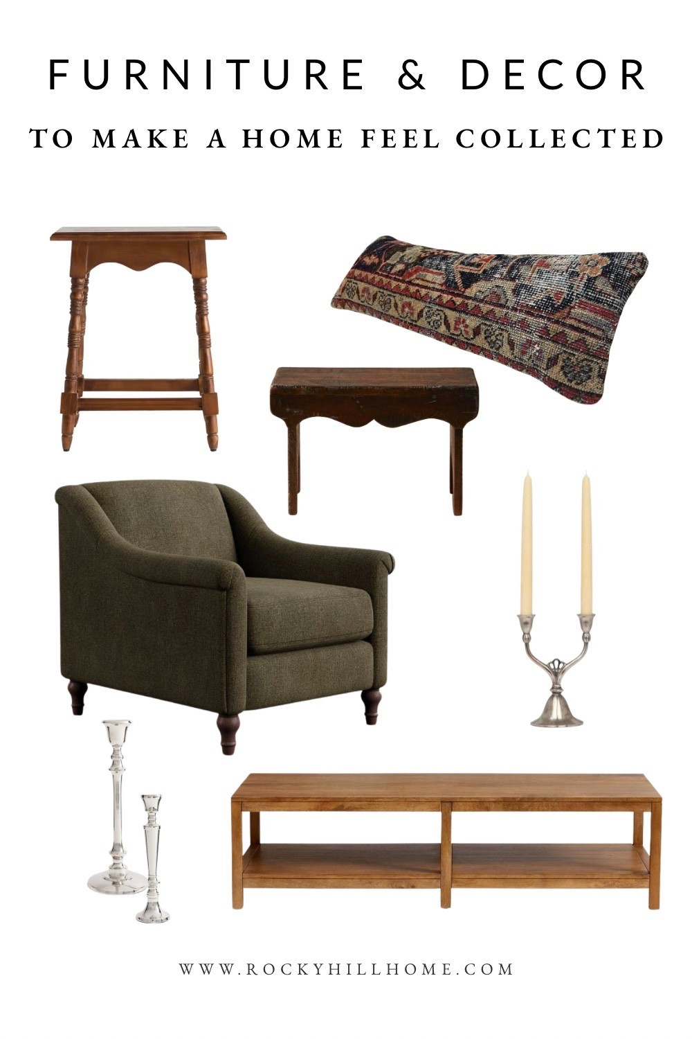 Curated pieces are what make a home feel layered instead of decorated. I'm loving this mix of classic wood tables, a timeless olive accent chair from Pottery Barn, vintage textiles, warm wood tones, and polished silver accents for an effortlessly collected look.

Anthropologie, Olive Ateliers, Etsy