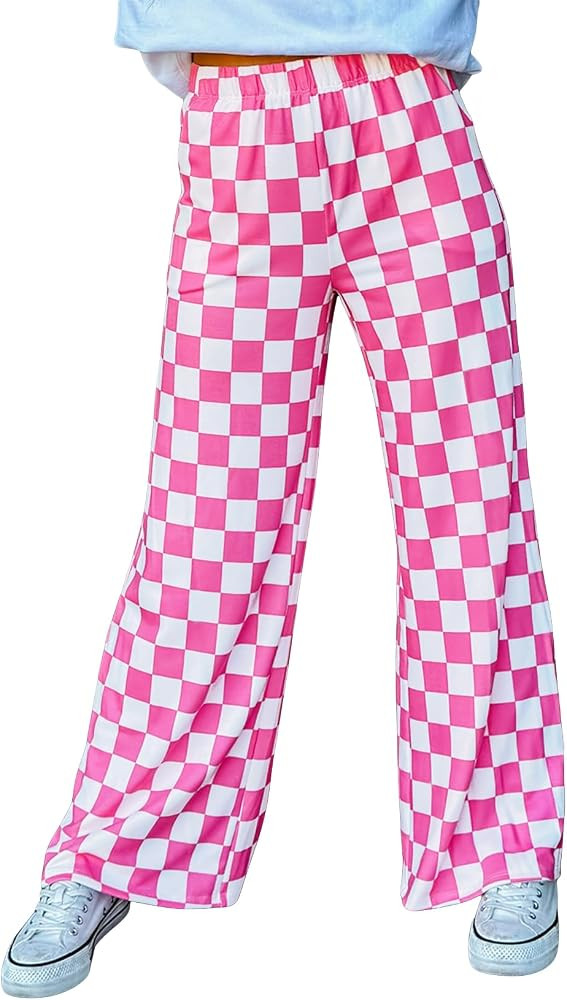 Lesore Womens Casual 2-Tone Checkered Print Pants Elastic High Waist Wide Leg Pants Lounge with P... | Amazon (US)