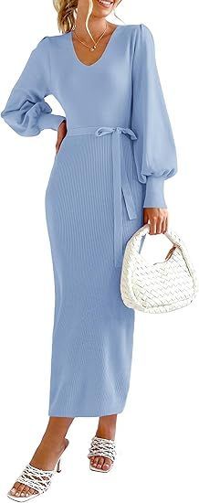 PRETTYGARDEN Women's 2024 Fall Knit Pullover Sweater Elegant Long Lantern Sleeve V Neck Maxi Dres... | Amazon (US)