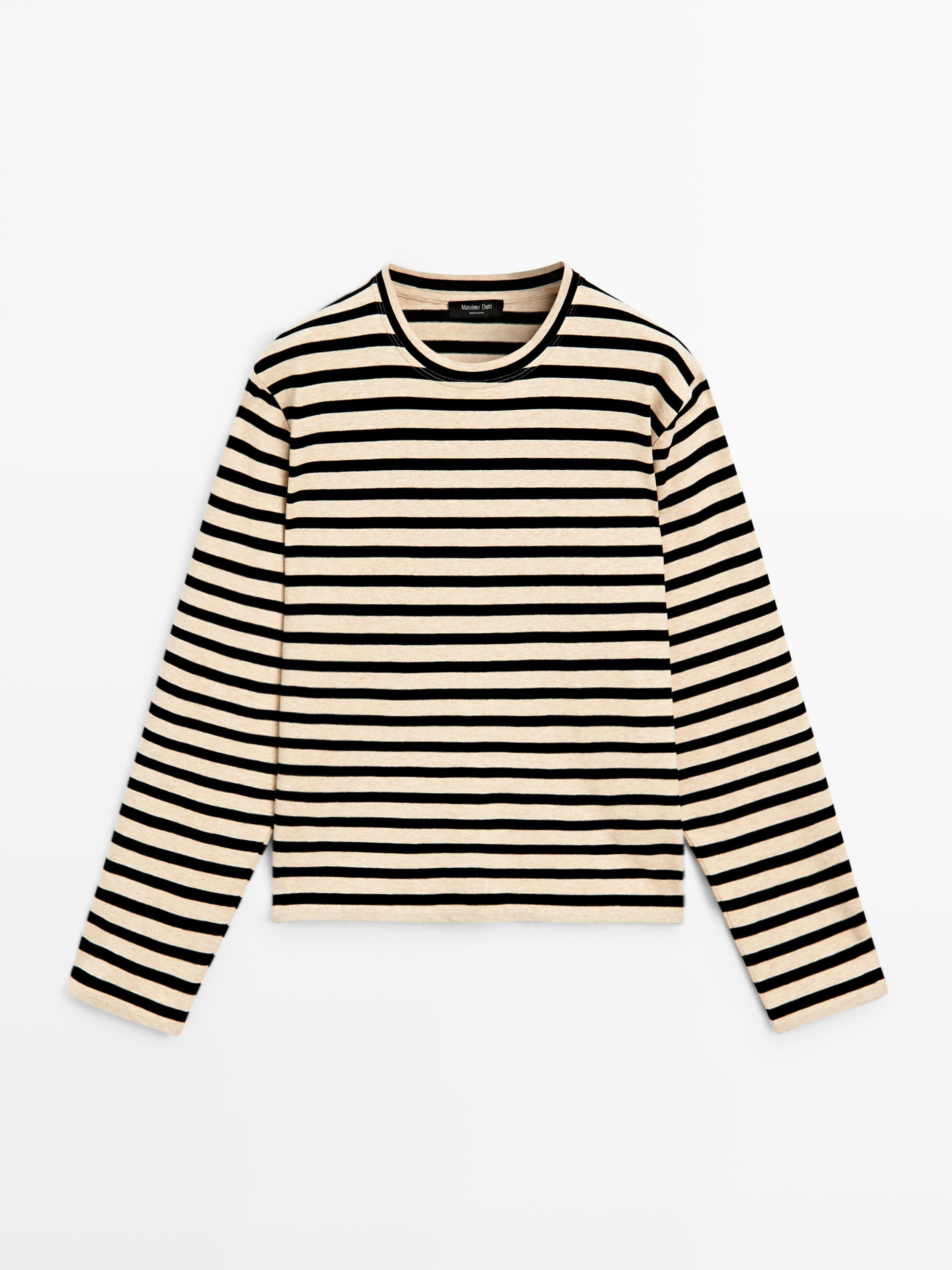 Oversize striped cotton blend T-shirt | Massimo Dutti UK