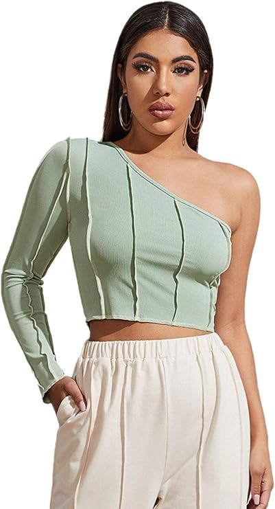 SOLY HUX Women's One Shoulder Long Sleeve Ribbed Knit Tee Crop Top | Amazon (US)