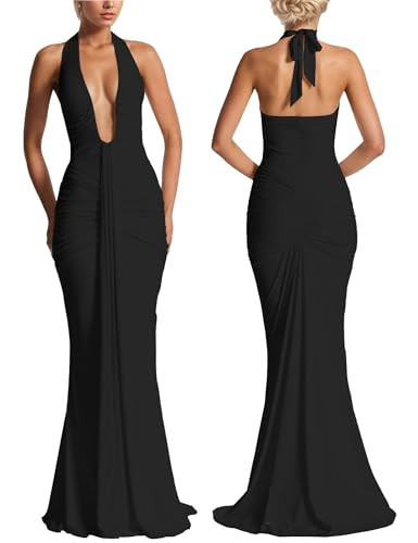 Women’s Evening Extra Long Dress Deep V-Neck Backless Halter Ruched Draped Elegant Club Party Maxi Dress Gown Outfits Black | Amazon (US)