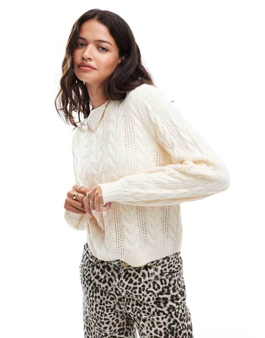 ONLY round neck cable knit sweater in cream-White | ASOS (Global)