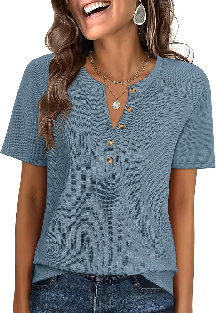 ANRABESS Women Waffle Knit Tops Short Sleeve Henley Shirts Dressy Casual Blouse 2026 Spring Fashi... | Amazon (US)