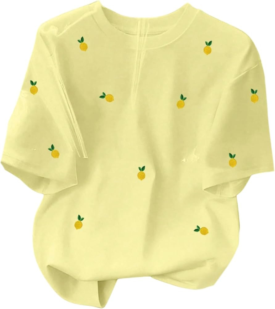 RoseSeek Women's Lemon Print Cute Tops Crew Neck Short Sleeve T Shirts Casual Summer Tops | Amazon (US)