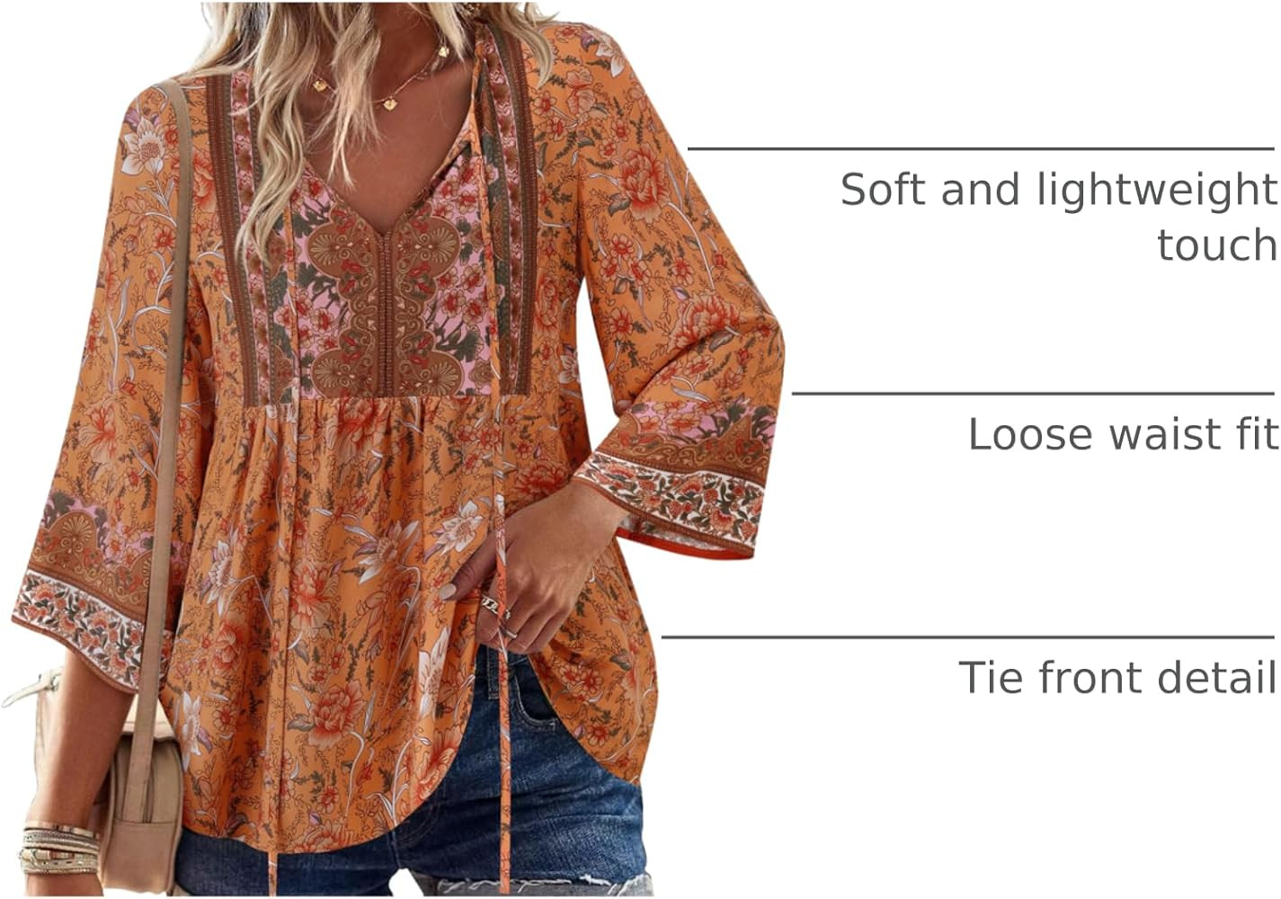 Unixseque Summer Boho Womens Tops Floral Print Dressy Casual V-Neck Tie Front Trendy Fall 3/4 Sle... | Amazon (US)