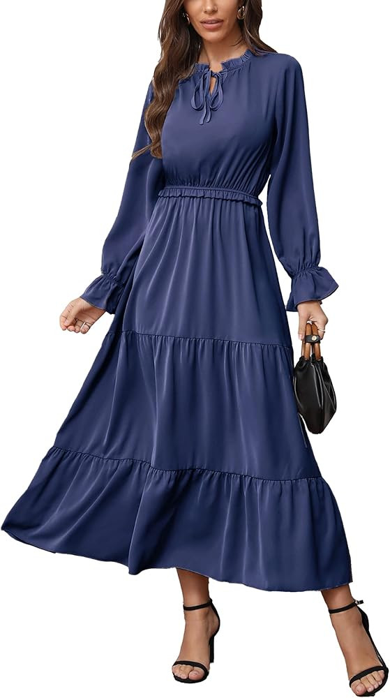 KIRUNDO Women's Long Sleeve Crew Neck Maxi Dress Solid Color Tie Neck Casual High Waist Ruffle Hem B | Amazon (US)