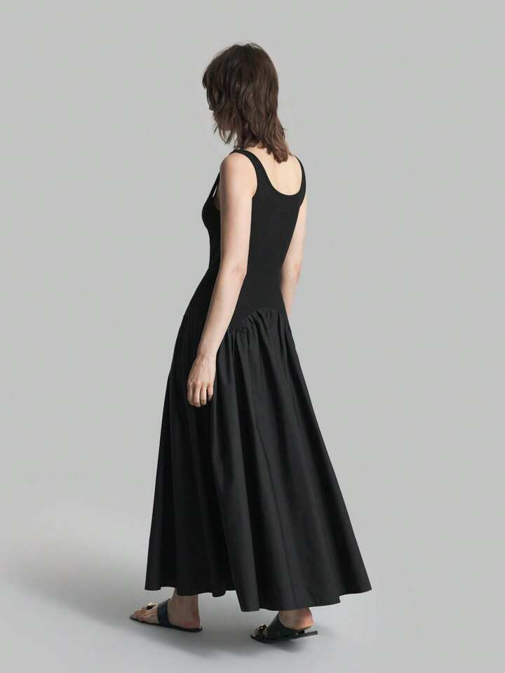 Ontre 2025 New Ladies Black Solid Color Square Collar Sleeveless Long Casual Dress, Elegant Women... | SHEIN