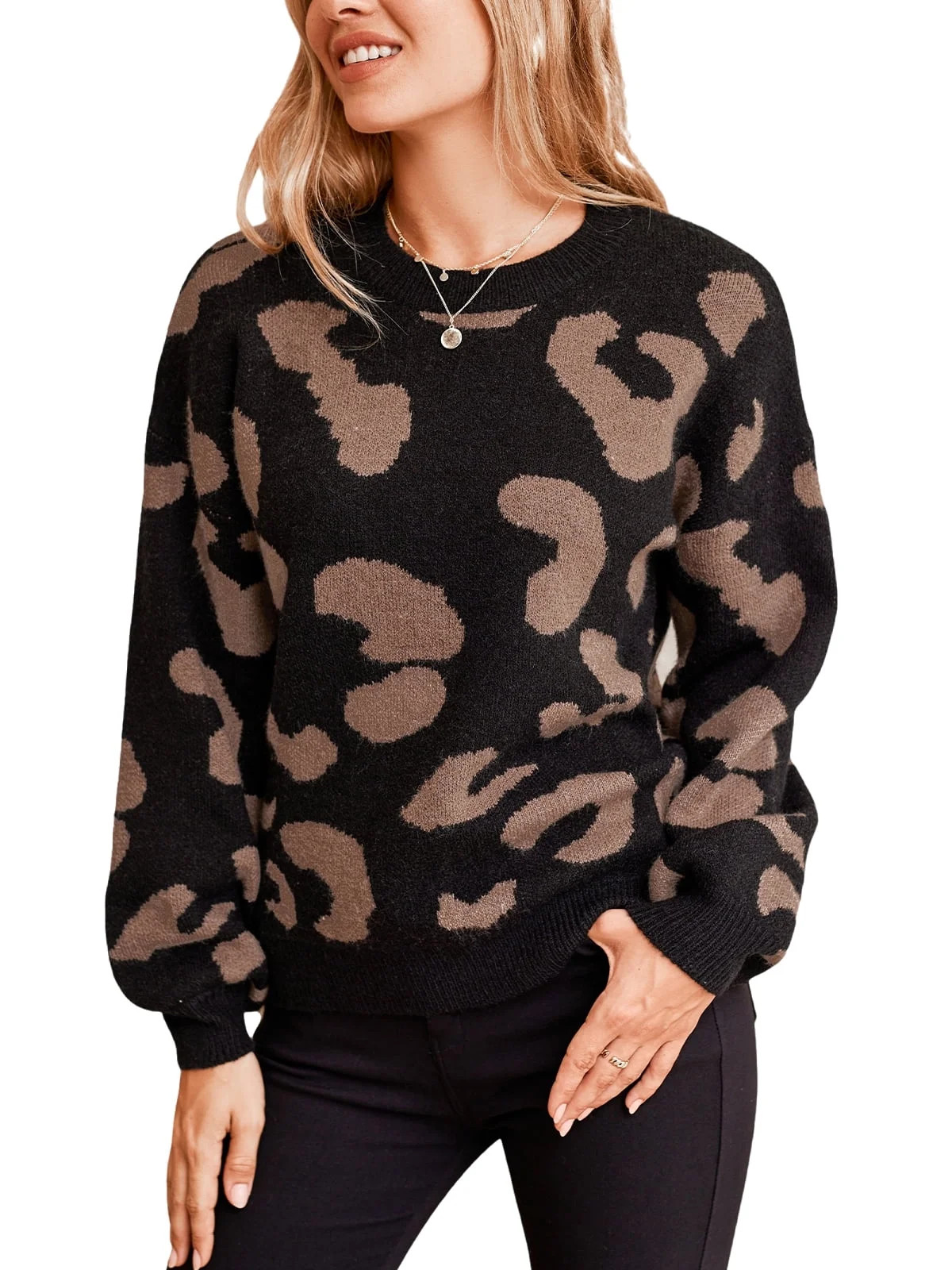 Cupshe Knitwear Animal-Leopard Sweater for Women Round Neck Banded Trim Casual Pullover Sweater | Walmart (US)