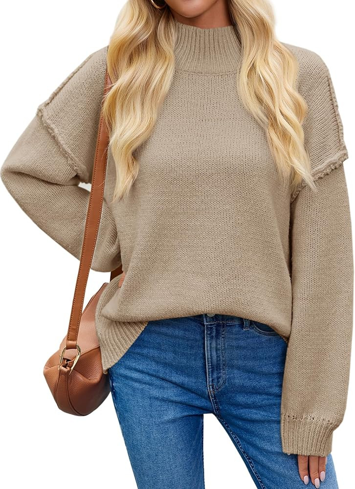 Saodimallsu Womens Mock Neck Sweater Tops Long Lantern Sleeve Fall Casual Loose Knit Basic Pullov... | Amazon (US)