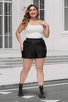 Fahsyee Plus Size Black Shorts - Faux Elastic High Waisted Leather Short for Women PU Pleather Ca... | Amazon (US)
