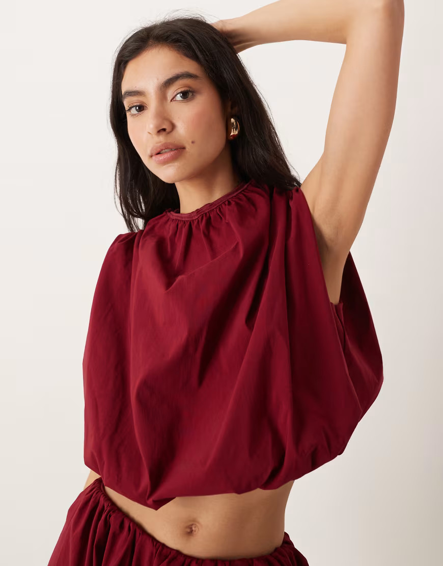 ASOS DESIGN bubble high neck top in burgundy - part of a set-Red | ASOS (Global)