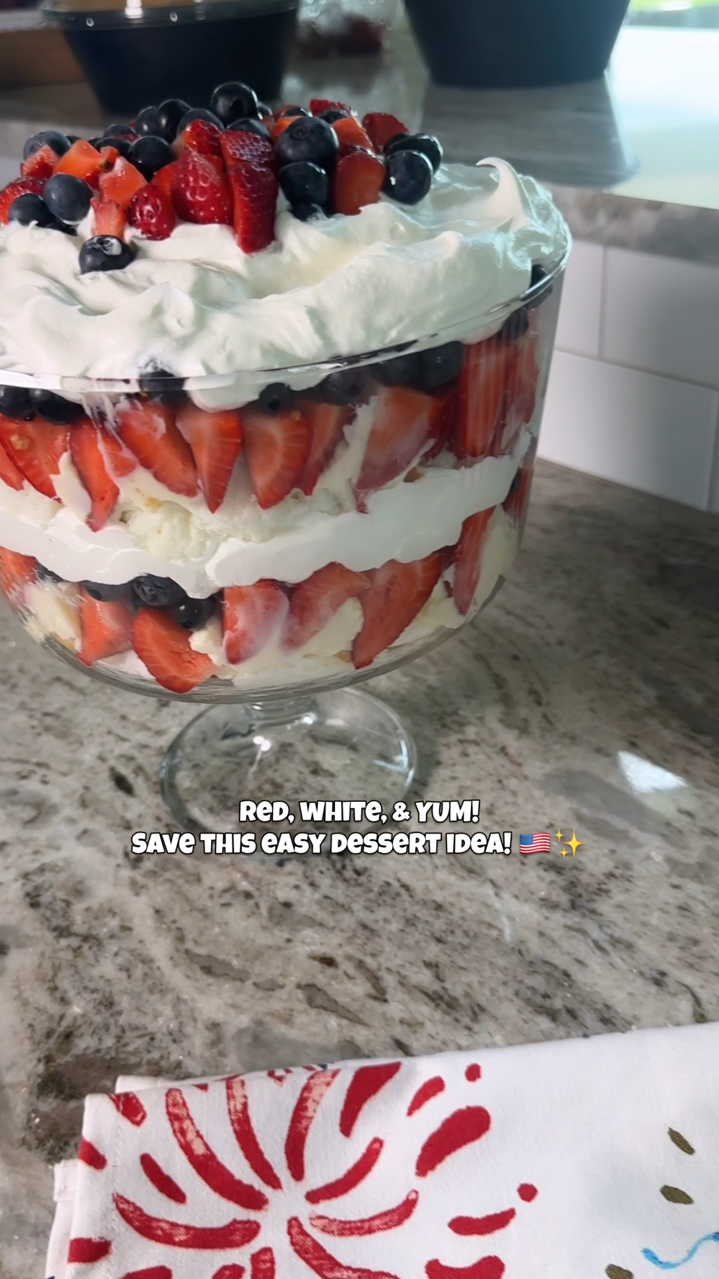 Need a last-minute Fourth of July dessert that looks impressive but takes minutes? This red, white, and blue trifle is always a hit! 🇺🇸

🍓🫐Layer store-bought pound cake, whipped topping, and fresh berries - and boom, you've got a festive dessert that everyone will love. Save this for your holiday gathering!

INGREDIENTS
6.8 oz white chocolate pudding
4 cups whole milk
14 oz angel food cake
16 oz whipped topping
32 oz fresh strawberries
18 oz fresh blueberries

#RedWhiteAndYum #EasyDesserts #FourthOfJulyFood #4thOfJulyDessert
#TrifleRecipe #NoBakeDessert #MomHack #PartyFoodldeas #EasyHolidayRecipe
#July4thParty
#ThisTexasFamilyFarmhouse #SummerEntertaining #Fruitlovers 

#LTKHome #LTKFamily #LTKSeasonal
