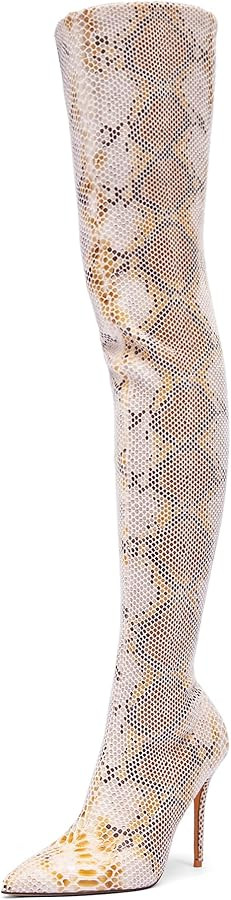 NEWBELLA Women's Stretch Over-the-Knee Boots - Snake Print Faux Leather Pointed Toe Heels for Fal... | Amazon (US)