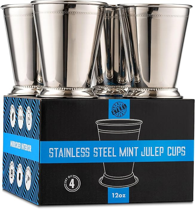 Mint Julep Cups: Stainless Steel Glasses, Set of 4, Metal 12 oz Cocktail Glasses, Party Supplies ... | Amazon (US)