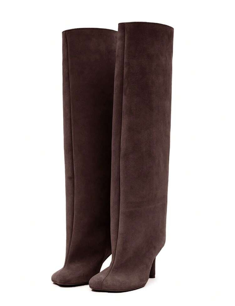 Knee High Boot Square Toe Kitten Heel Stiletto Heeled Boots For Woman Suede Wide Calf Long Boots Heeled Slouchy Formal Shoes Winter Tall Boots For Women | SHEIN