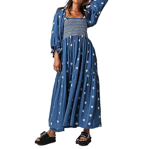ABYOVRT Women Floral Embroidered Maxi Dress Long Puff Sleeve Square Neck Bohemian Flowy Dress wit... | Amazon (US)