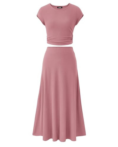 BTFBM Women Two Piece Skirt Set Summer 2025 Casual Vacation Crew Neck Short Sleeve Cropped Top Elastic Waist Midi Skirts(Dusty Pink, Small) | Amazon (US)