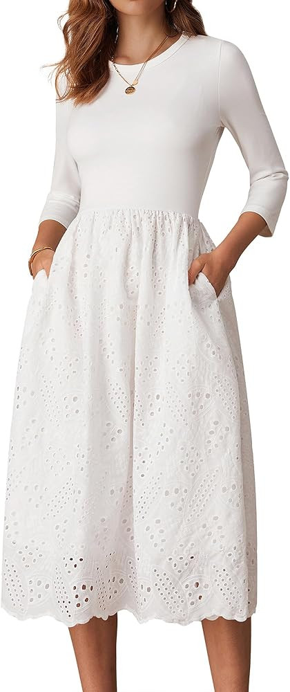 GRACE KARIN Womens Summer 3/4 Sleeve Dress with Pockets A Line Midi Eyelet Dress Empire Waist Cas... | Amazon (US)