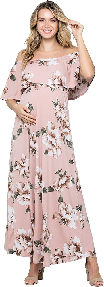 My Bump Women's Ruffle Off The Shoulder Maxi Maternity Dress - Made in USA | Amazon (US)