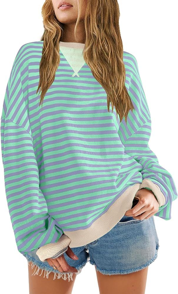 SENSERISE Womens Oversized Classic Striped Crewneck Sweatshirts Long Sleeve Color Block Shirts Ca... | Amazon (US)