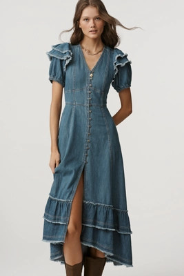 Pilcro Short-Sleeve Ruffled Midi Shirt Dress | Anthropologie (US)