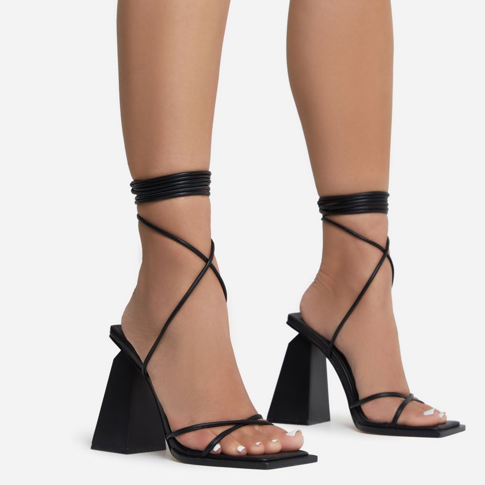 Vara Lace Up Square Toe Cut Out Statement Block Heel In Black Faux Leather | EGO Shoes (US & Canada)