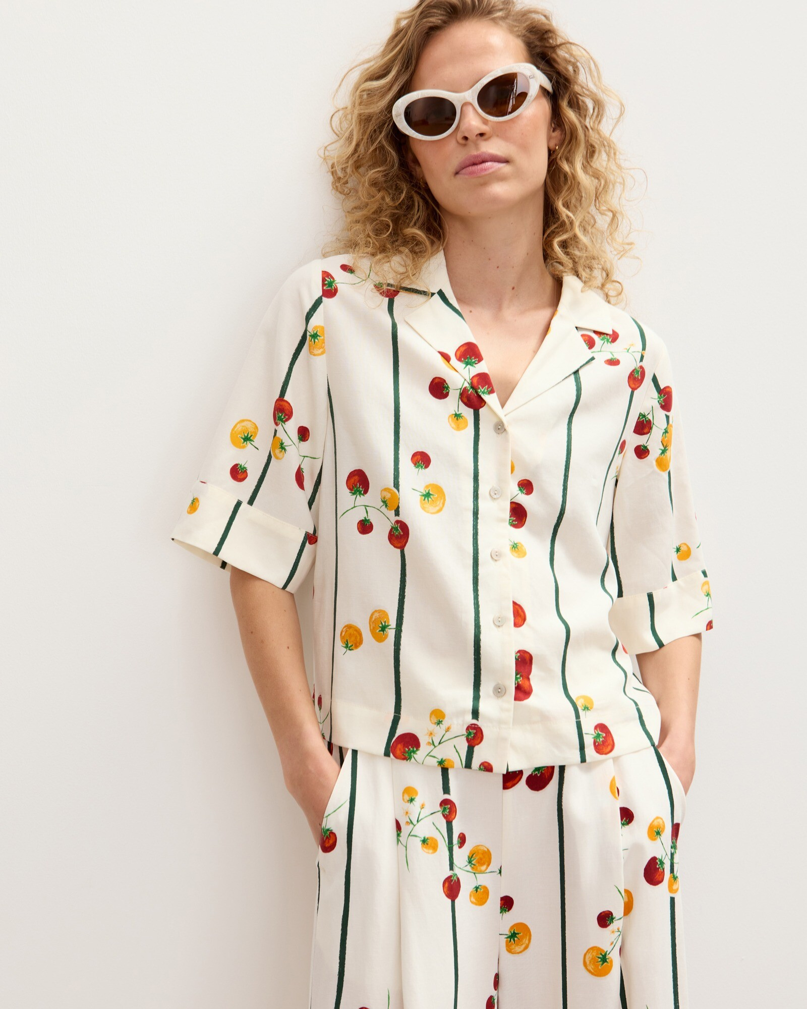 Cream & Green Striped Tomato Print Short Sleeve Shirt | Oliver Bonas | Oliver Bonas (Global)