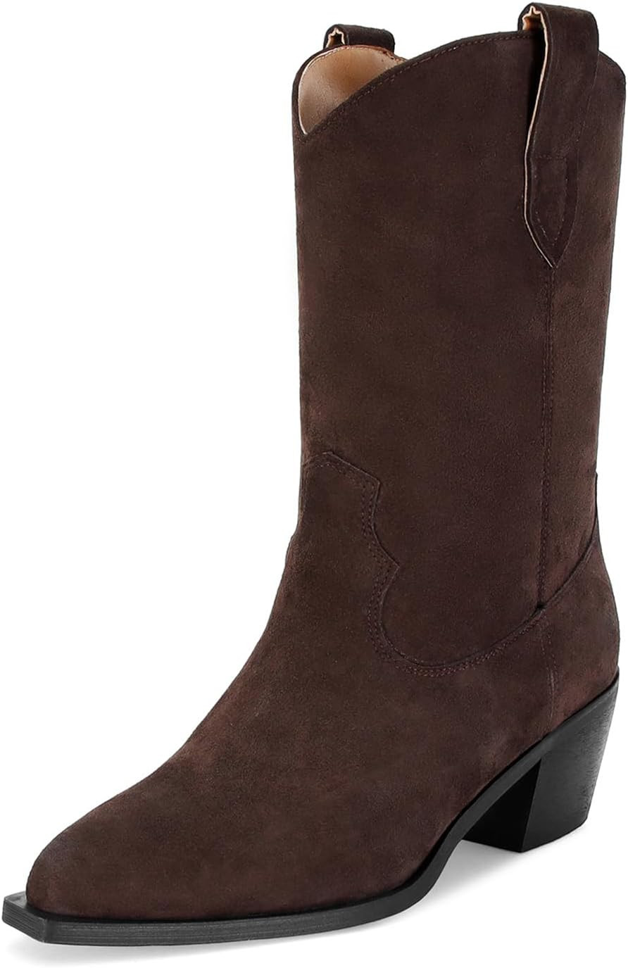 Suede Cowboy Boots for Women Pointed Toe Mid-Calf Western Boots Chunky Heel Cowgirl Booties Dressy Pull on Wide Calf Fashion | Amazon (US)