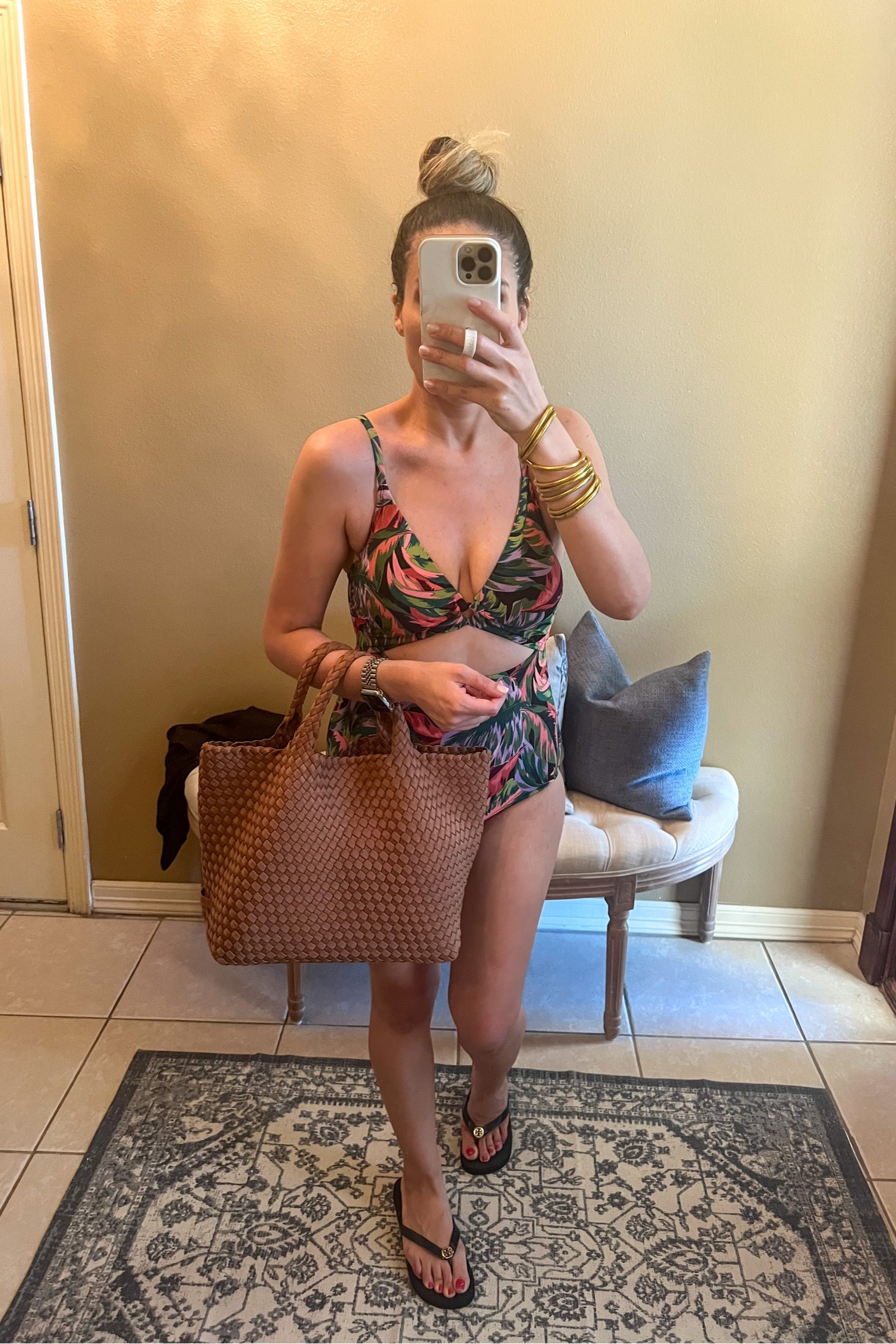 Walmart one piece swimsuit 
Cut out
Pattern
Black
Affordable 
Mom bathing suit 
St Barths tote
Cocoa 
Swim outfit 
Pool
Beach
Outfit idea
Vacation 
What to pack
Tory Burch flip flops
Budhagirl Bangles
Gold

#LTKswim #LTKshoecrush #LTKitbag