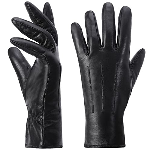 Harssidanzar Leather Gloves For Woman,Womens Leather Gloves Winter Warm Cashmere Lining Touchscreen Vintage Finished GL017,Black,Size XS | Amazon (US)