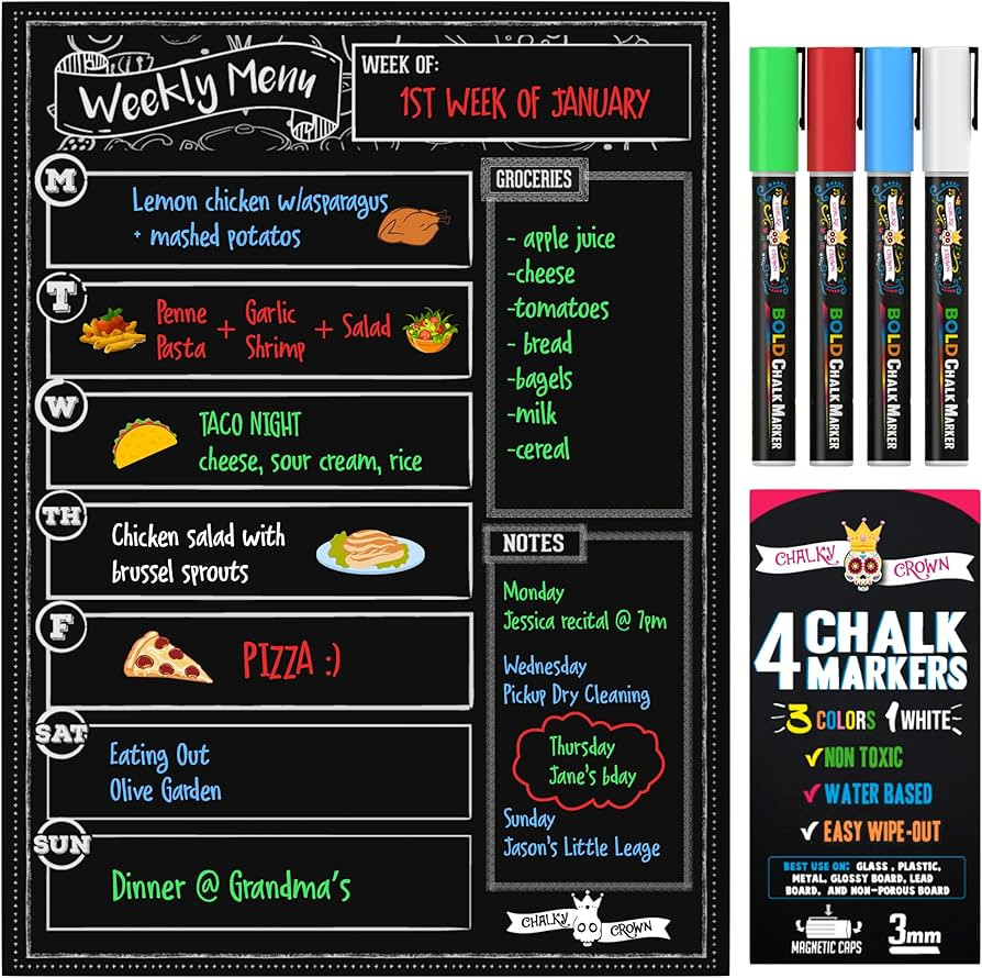 CHALKY CROWN Magnetic Dry Erase Menu Board for Fridge Includes 4 Liquid Chalk Markers - Weekly Me... | Amazon (US)
