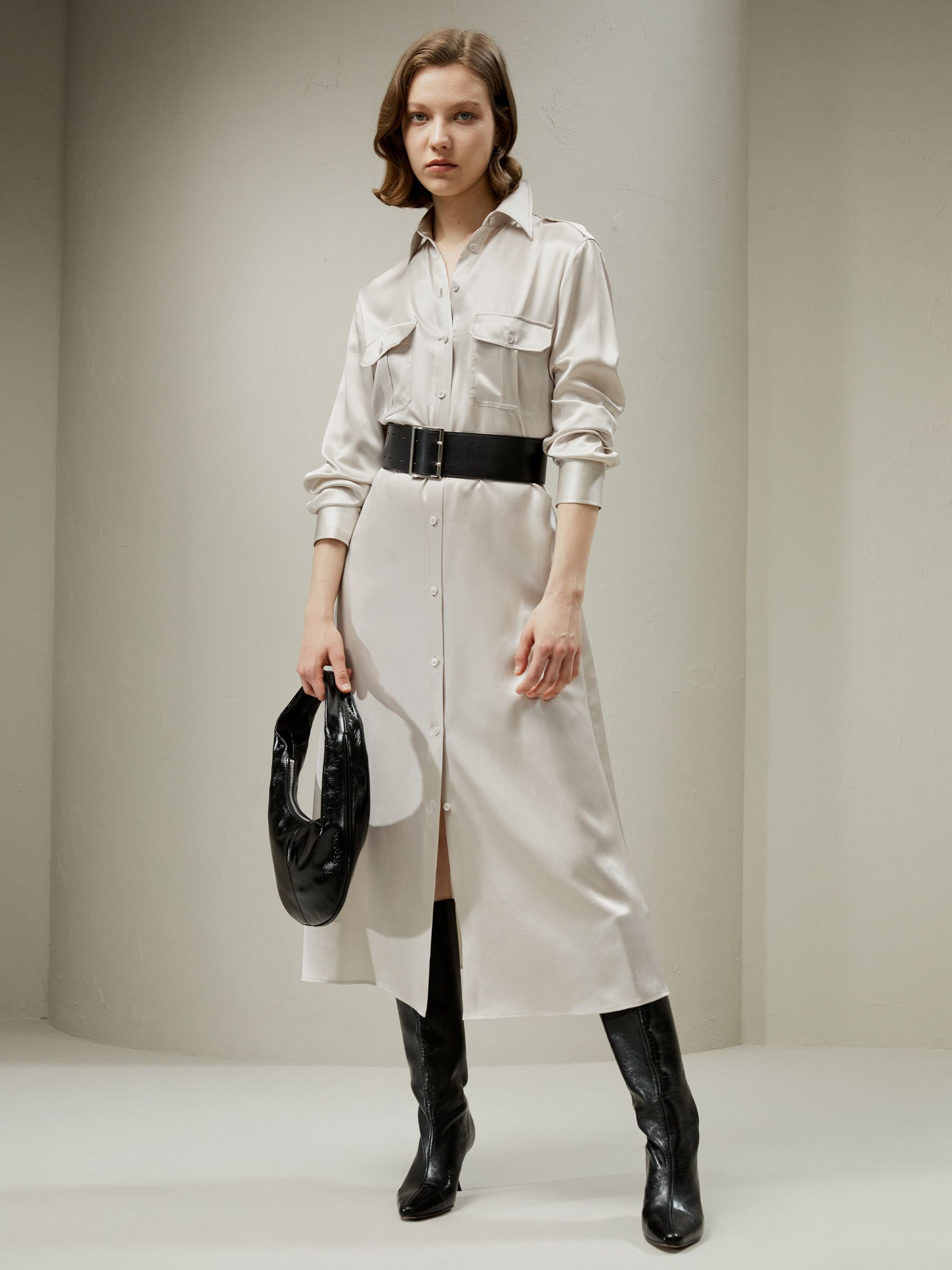 Trench-Style Silk Midi Shirt Dress | LilySilk