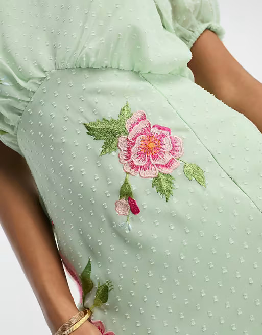 ASOS DESIGN dobby chiffon puff sleeve midi tea dress with floral embroidery in pale green | ASOS (Global)
