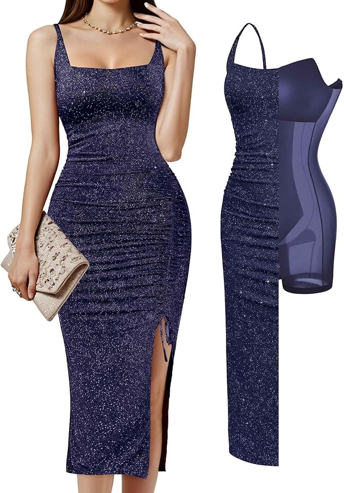 Popilush Shapewear Midi Dress Women's Sparkly Formal Wedding Guest Cocktail Dresses Fall Square N... | Amazon (US)
