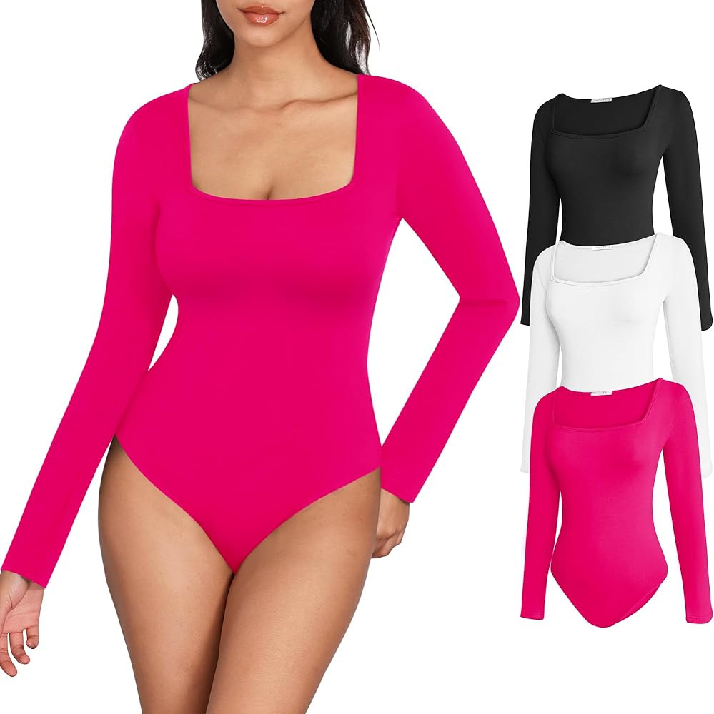 MANGOPOP Women's Square Neck Long Sleeve Bodysuit Tops | Amazon (US)